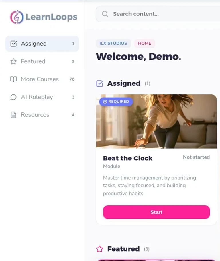 Actual public-safe LearnLoops learner home with the Demo account and assigned Beat the Clock music learning