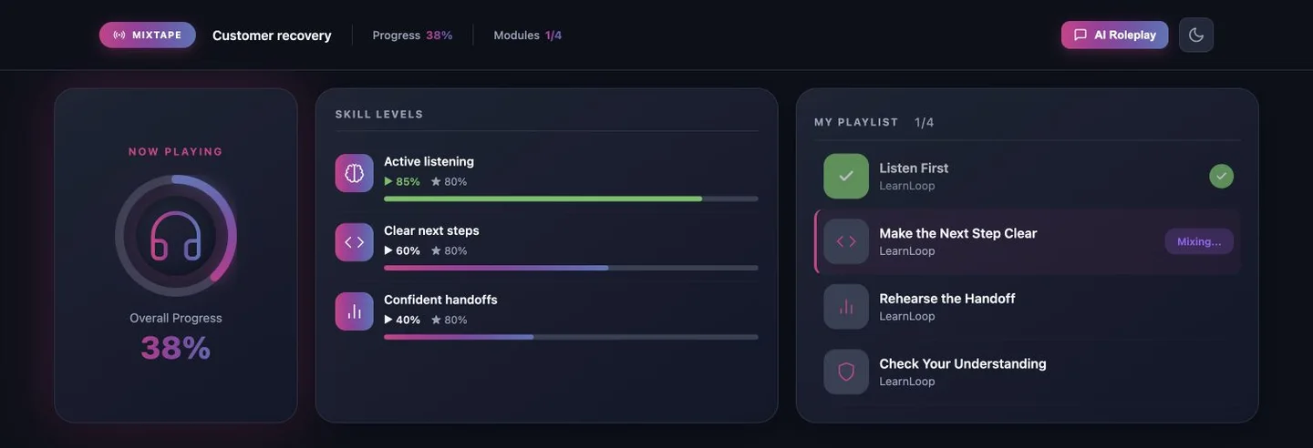 Actual Mixtapes interface with a learning playlist and skill levels for active listening, clear next steps and confident handoffs