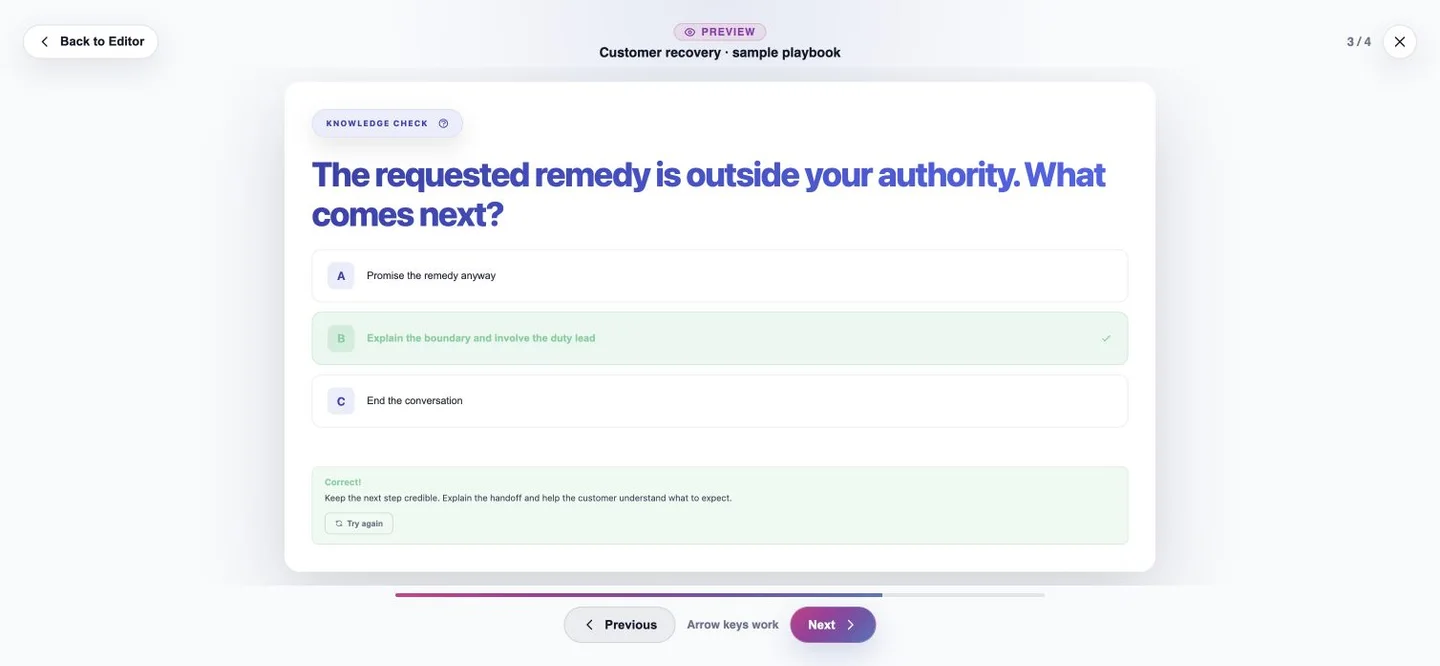 The customer-recovery quiz shows a correct answer and an explanation