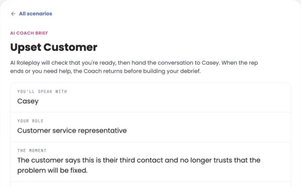 Existing public Upset Customer roleplay brief: speak with Casey as a customer service representative