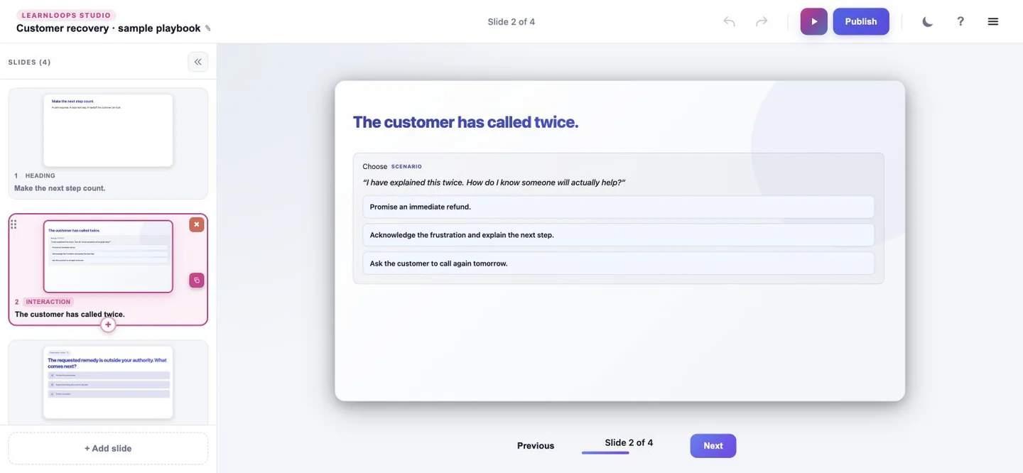 Studio Editor showing four illustrative customer-recovery slides and an editable scenario